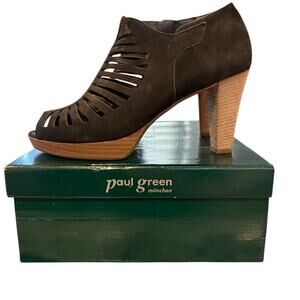 Paul Green Tasha Black Suede Peep Toe Ankle Booties Strappy Platform Heels 4.5